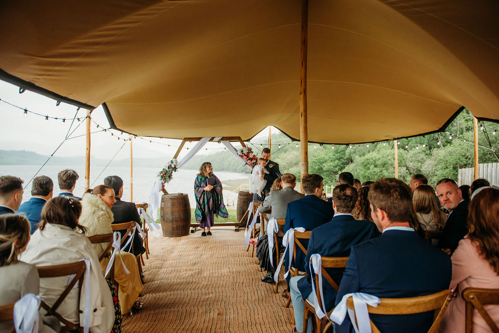 Ceremony under the stretch tent looking out over Loch Venachar